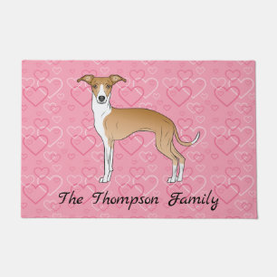 Fawn And White Italian Greyhound On Pink Hearts Doormat
