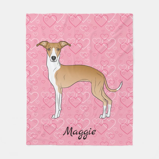 Fawn And White Italian Greyhound On Pink Hearts Fleece Blanket (Front)