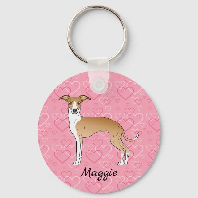 Fawn And White Italian Greyhound On Pink Hearts Key Ring (Front)