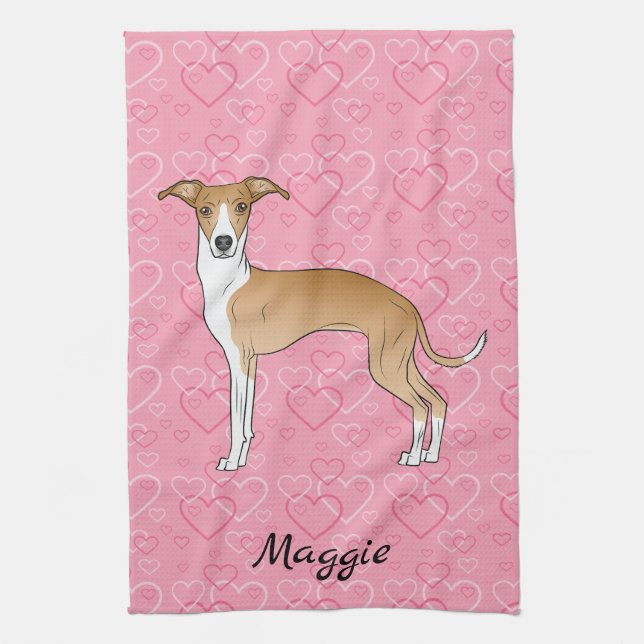 Fawn And White Italian Greyhound On Pink Hearts Tea Towel (Vertical)