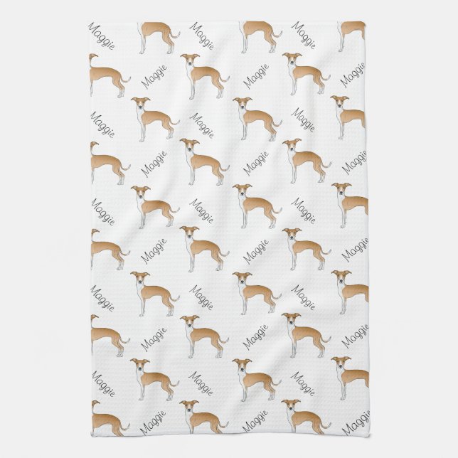 Fawn And White Italian Greyhound Pattern With Name Tea Towel (Vertical)