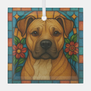 Fawn and White Pit Bull Dog "Stained Glass" Glass Tree Decoration