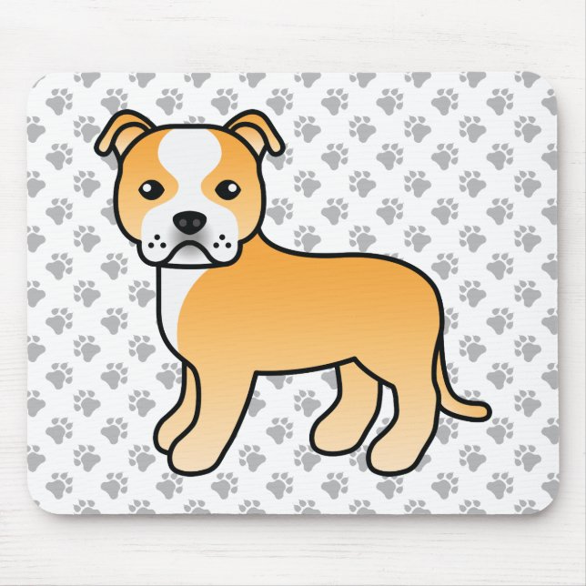 Fawn And White Staffie Cute Cartoon Dog & Paws Mouse Pad (Front)