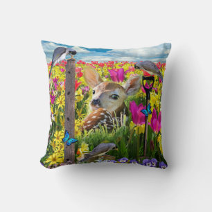 Fawn Birds Field of Flowers Cushion