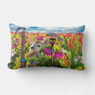 Fawn Birds Field of Flowers Lumbar Cushion