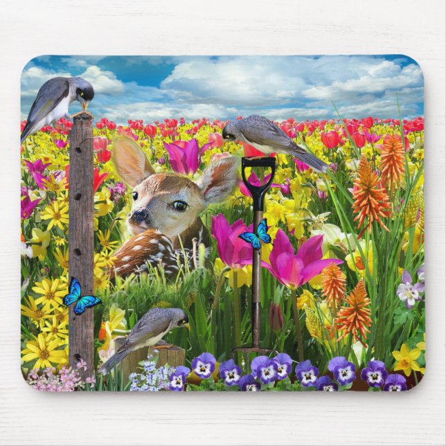 Fawn Birds Field of Flowers Mouse Pad (Front)