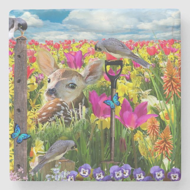 Fawn Birds Field of Flowers Stone Coaster (Front)