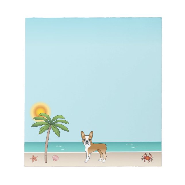 Fawn Boston Terrier At A Tropical Summer Beach Notepad (Front)