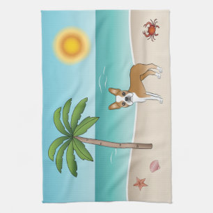 Fawn Boston Terrier At A Tropical Summer Beach Tea Towel