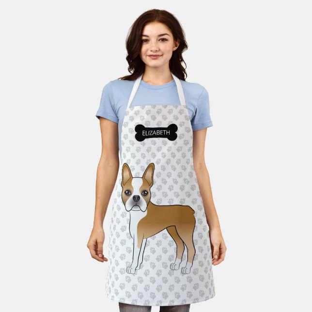 Fawn Boston Terrier Cartoon Dog & Bone, Paws, Name Apron (Worn)