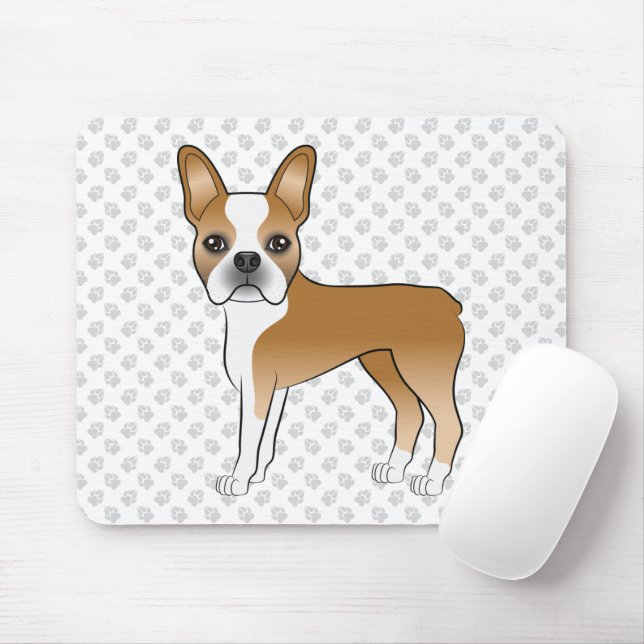 Fawn Boston Terrier Cartoon Dog & Grey Paws Mouse Pad (With Mouse)