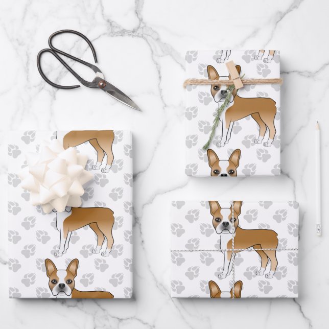 Fawn Boston Terrier Cartoon Dogs & Paws Pattern Wrapping Paper Sheet (Front)