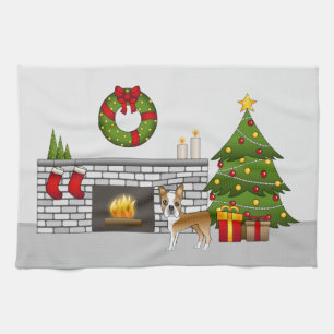 Fawn Boston Terrier In A Festive Christmas Room Tea Towel