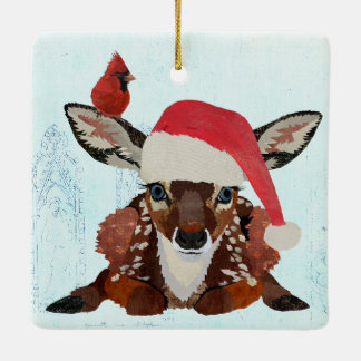 FAWN & CARDINAL CHRISTMAS CERAMIC ORNAMENT
