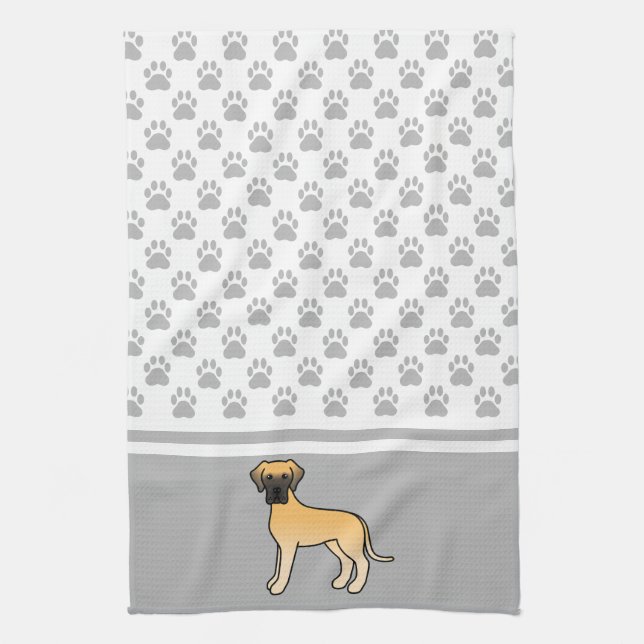Fawn Cartoon Great Dane With Grey Paws Pattern Tea Towel (Vertical)