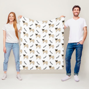 Fawn Cartoon Pug Dog With Dog's Name Pattern Fleece Blanket