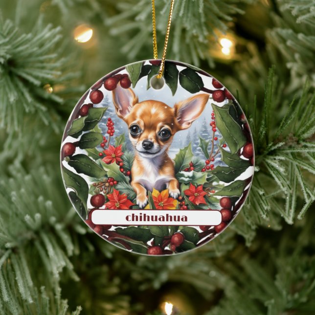 Fawn Chihuahua Puppy Holiday Joy Custom Christmas  Ceramic Ornament (Tree)