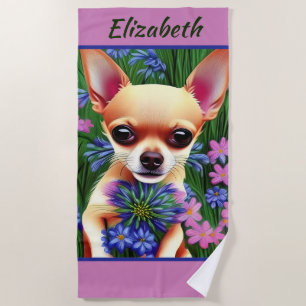 Fawn Chihuahua Puppy in Flower Meadow Personalised Beach Towel