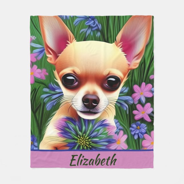 Fawn Chihuahua Puppy in Flower Meadow Personalised Fleece Blanket (Front)