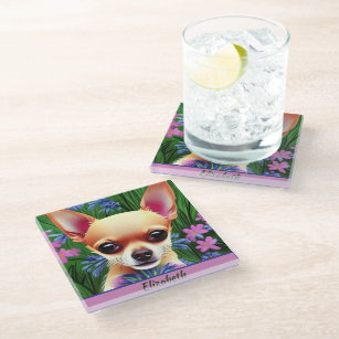 Fawn Chihuahua Puppy in Flower Meadow Personalised Glass Coaster