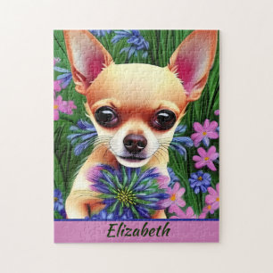 Fawn Chihuahua Puppy in Flower Meadow Personalised Jigsaw Puzzle