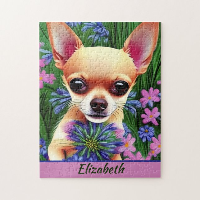Fawn Chihuahua Puppy in Flower Meadow Personalised Jigsaw Puzzle (Vertical)