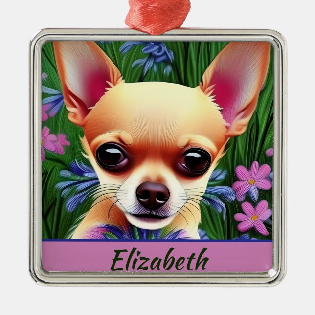 Fawn Chihuahua Puppy in Flower Meadow Personalised Metal Ornament (Front)