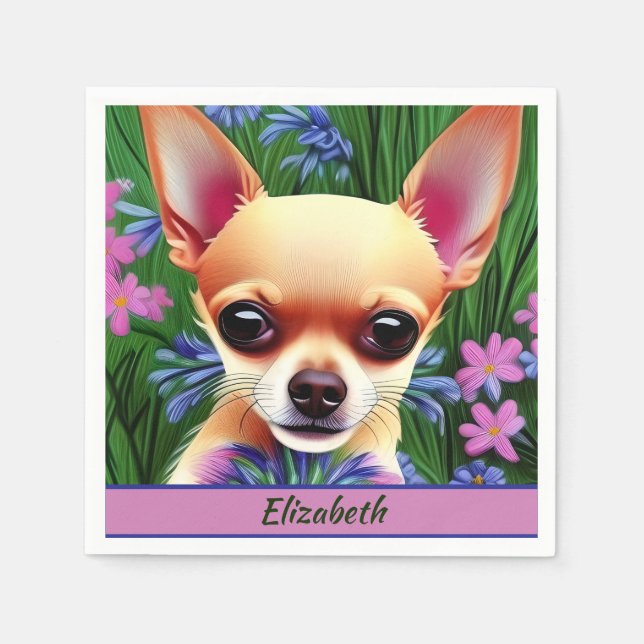Fawn Chihuahua Puppy in Flower Meadow Personalised Napkin (Front)