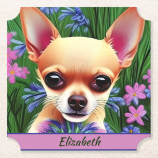Fawn Chihuahua Puppy in Flower Meadow Personalised Paper Coaster