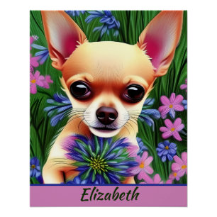 Fawn Chihuahua Puppy in Flower Meadow Personalised Poster
