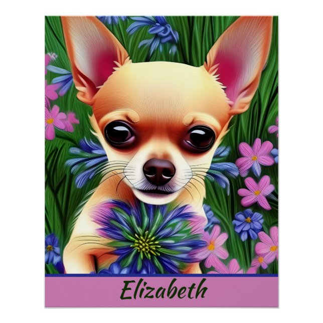 Fawn Chihuahua Puppy in Flower Meadow Personalised Poster (Front)