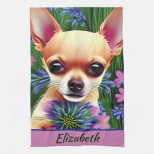 Fawn Chihuahua Puppy in Flower Meadow Personalised Tea Towel