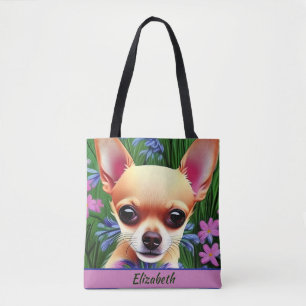 Fawn Chihuahua Puppy in Flower Meadow Personalised Tote Bag
