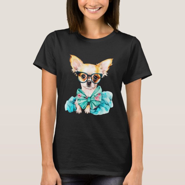 Fawn Chihuahua Puppy Wearing Glasses Portrait 1 T-Shirt (Front)