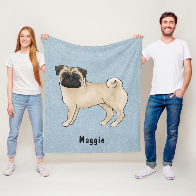 Fawn Coat Colour Pug Dog With Custom Name Blue Fleece Blanket (In Situ)