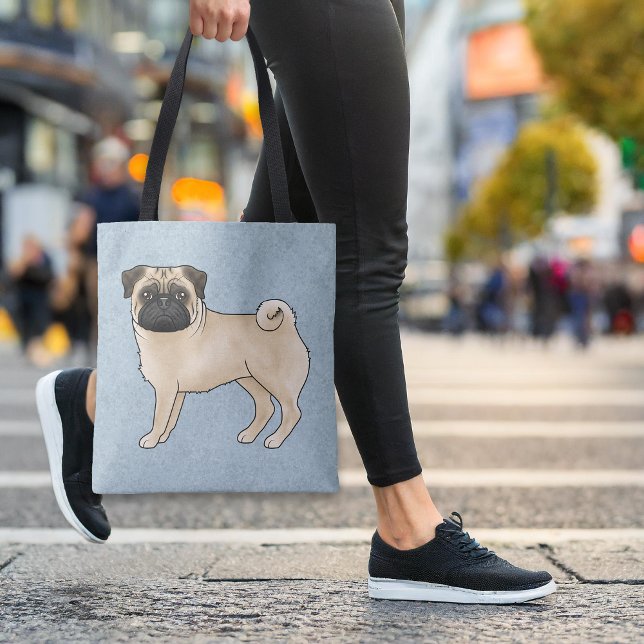 Fawn Colour Cute Pug Mops Cartoon Dog Breed Blue Tote Bag (Please note: This image is a digital mockup. The product may not be in scale.)