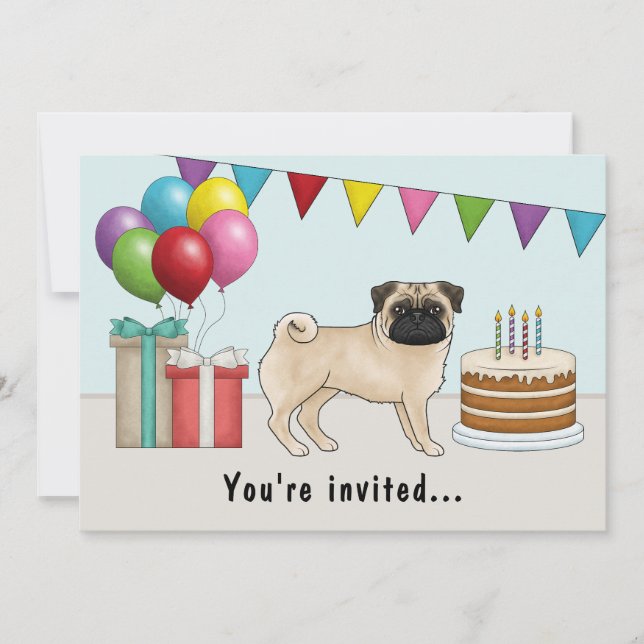 Fawn Colour Pug Cute Cartoon Dog Colourful Birthda Invitation (Front)