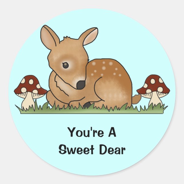 Fawn Deer Art Cartoon Drawing Mushrooms Nature Classic Round Sticker (Front)