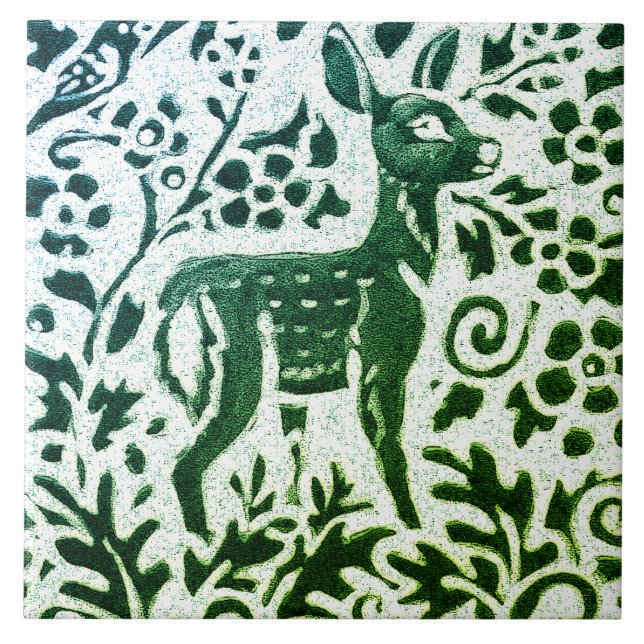 Fawn Deer Batik Modern Green Blue Floral Woodland Ceramic Tile (Front)