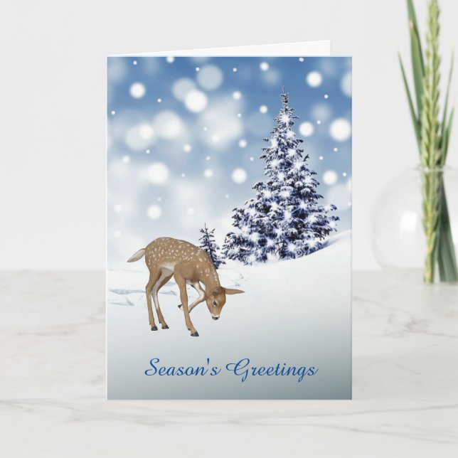 Fawn Deer in Snow Holiday Greeting Card (Front)