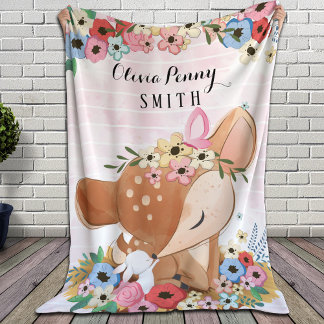 Fawn Deer Watercolor Flowers Pink Stripes + Name Sherpa Blanket