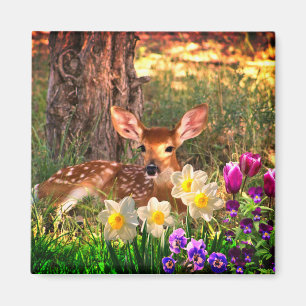 Fawn Deer with Spring Flowers Daffodils / Tulips Magnet