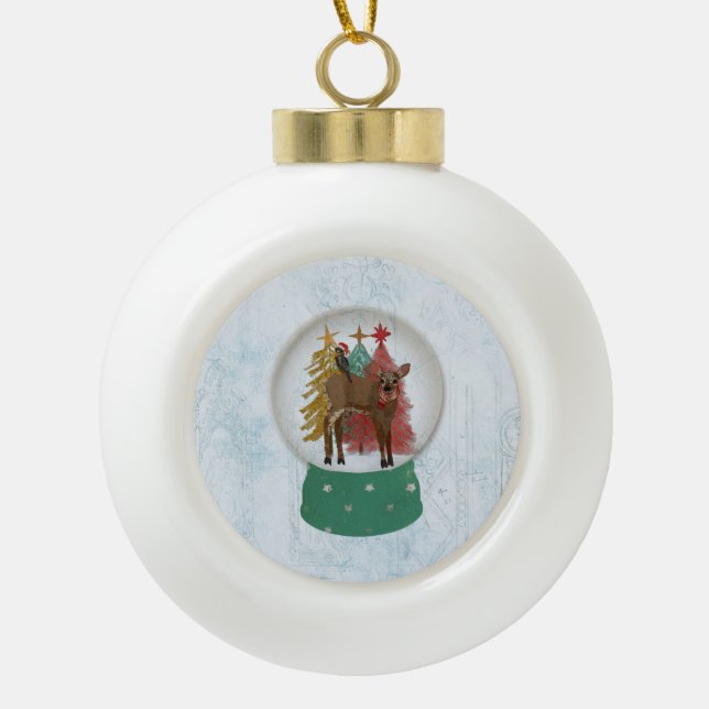 FAWN & FALCON SNOW GLOBE CERAMIC BALL CHRISTMAS ORNAMENT (Front)