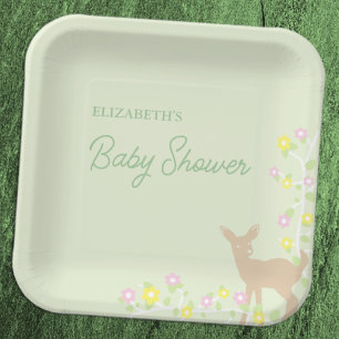 Fawn Floral Girl Baby Shower Paper Plate