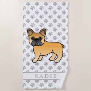 Fawn French Bulldog Cute Cartoon Dog & Name Beach Towel