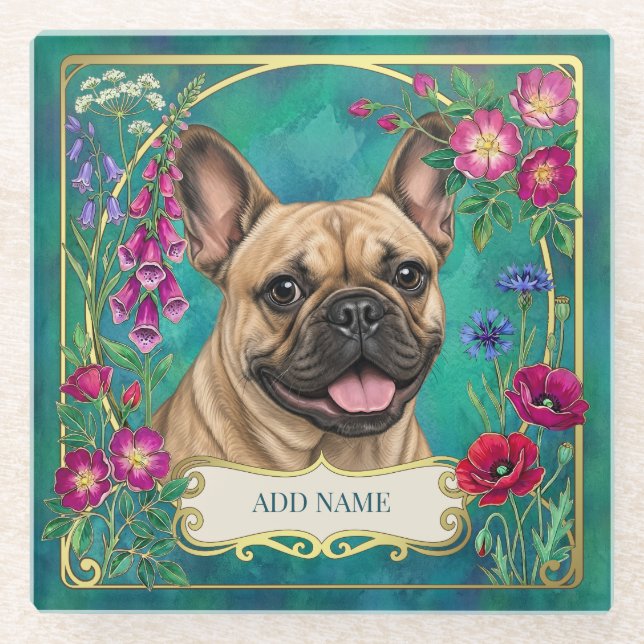 Fawn French Bulldog Floral Botanical Glass Coaster (Front)