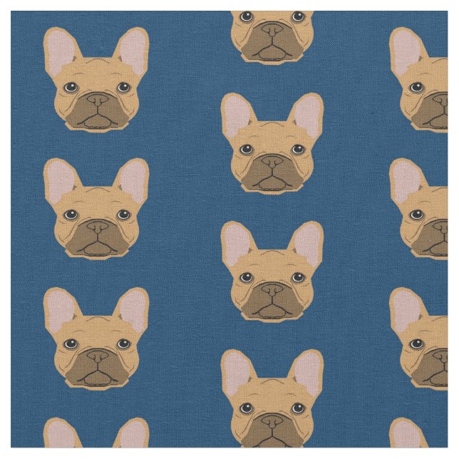 Fawn French Bulldogs Navy Blue Fabric (Close Up)