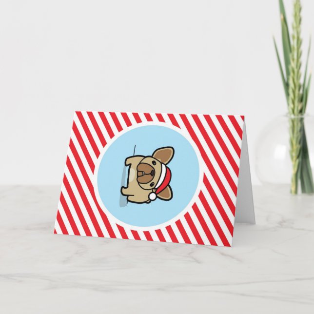 Fawn Frenchie on Candy Cane Stripes Holiday Card (Front)