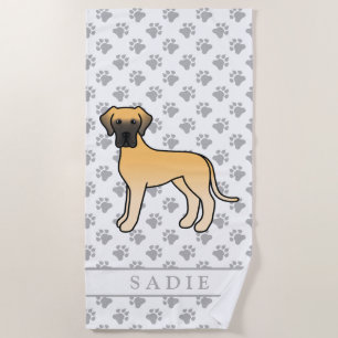 Fawn Great Dane Cute Cartoon Dog & Name Beach Towel