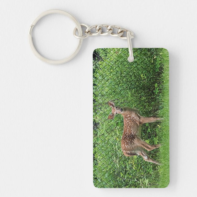 Fawn in front of a fence key ring (Front)